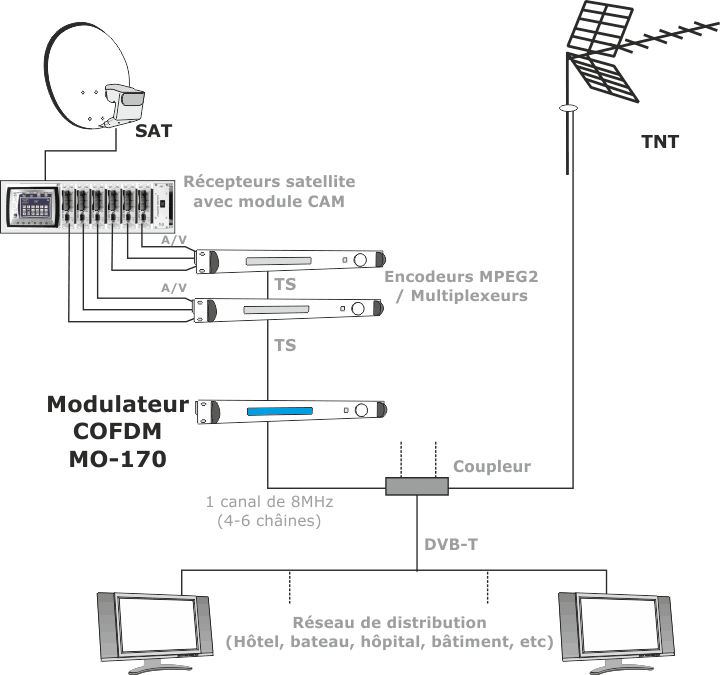 Distribution de 4-6 chaînes satellitaires sur un canal COFDM