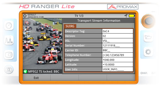 Information du descripteur IRG affichée par un mesureur de champ HD RANGER UltraLite