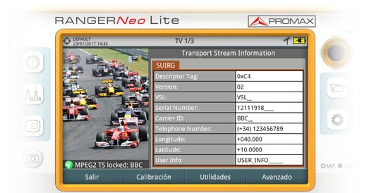 Information du descripteur IRG affichée par un mesureur de champ RANGER Neo Lite