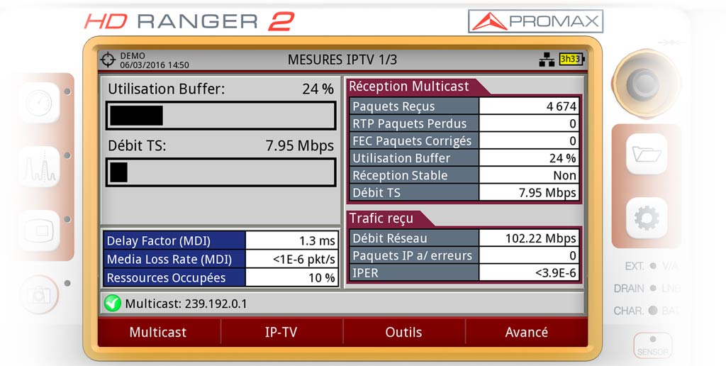 Écran principal de mesures IPTV d'un mesureur de champ HD RANGER 2