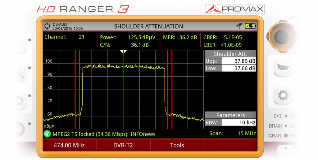 Mesure des épaules dun canal DVB-T2 avec un mesureur de champ RANGER Neo 3