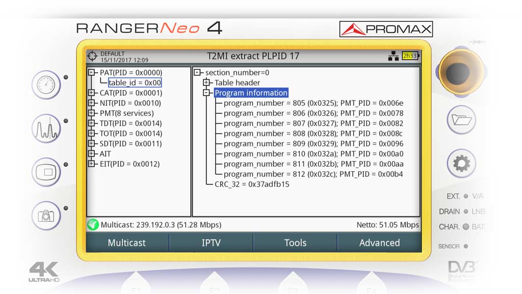 Recevoir un signal T2-mi et extraire et analyser les tables PSI/SI