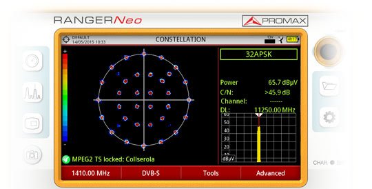 Mesureur de champ RANGER Neo affichant une constellation 32-APSK en DVB-S2