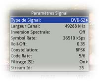 Paramètres du Signal du multiplex DVB-S2 en cours