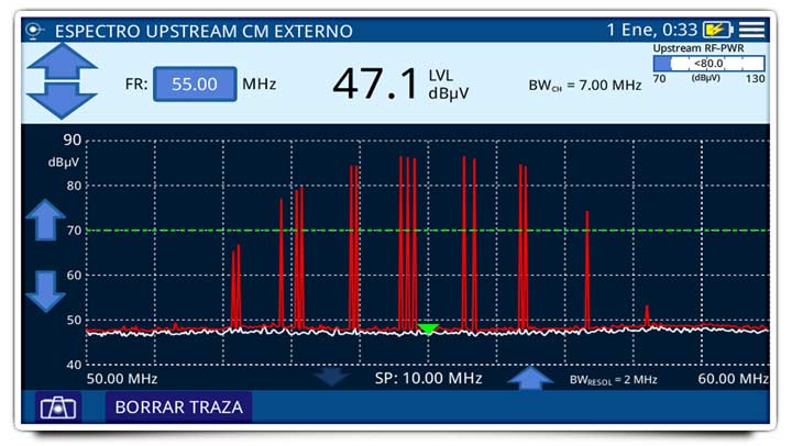 Utiliser la fonction MAX/HOLD pour conserver à l'écran la trace la plus élevée du signal impulsionnel qui n'est pas lisible autrement à cause de sa rapidité