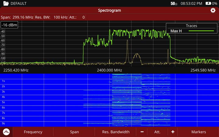 Détail du mode spectrogramme servant à l'identification des signaux de drones